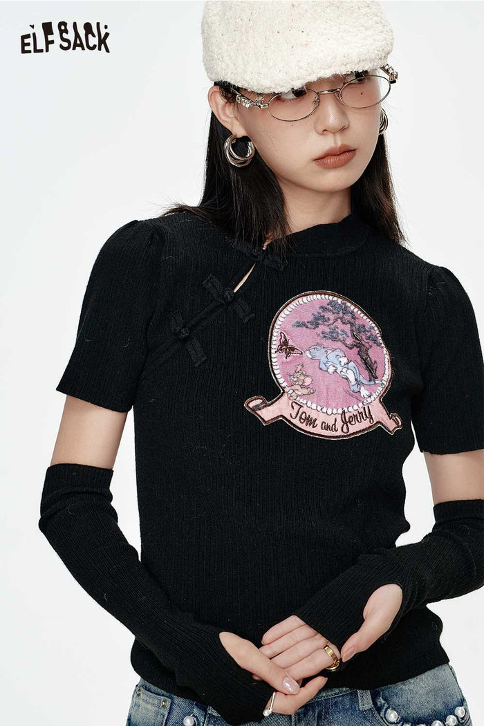 ELFSACK New Oriental Style Frog Button Graphic Knit Sweater
