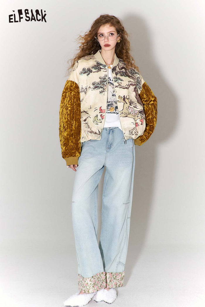 ELFSACK New Oriental Style Velvet Sleeve Horse Print Padded Jacket