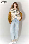 ELFSACK New Oriental Style Velvet Sleeve Horse Print Padded Jacket