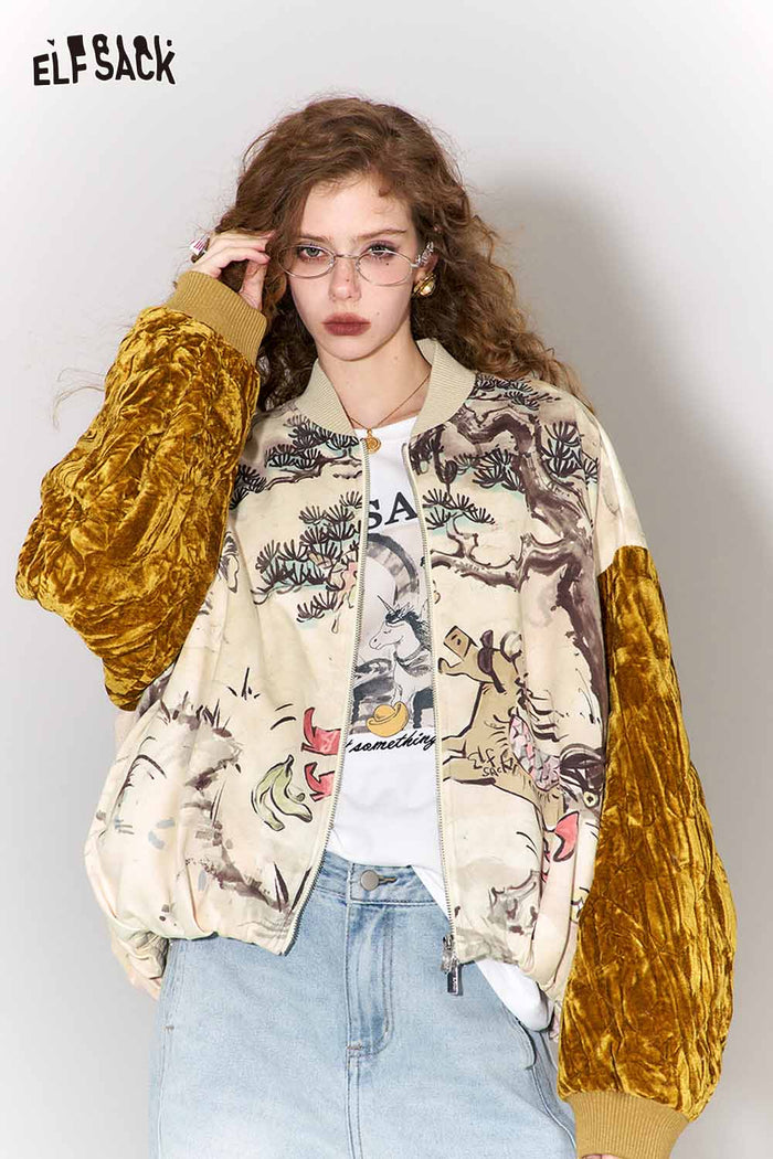 ELFSACK New Oriental Style Velvet Sleeve Horse Print Padded Jacket