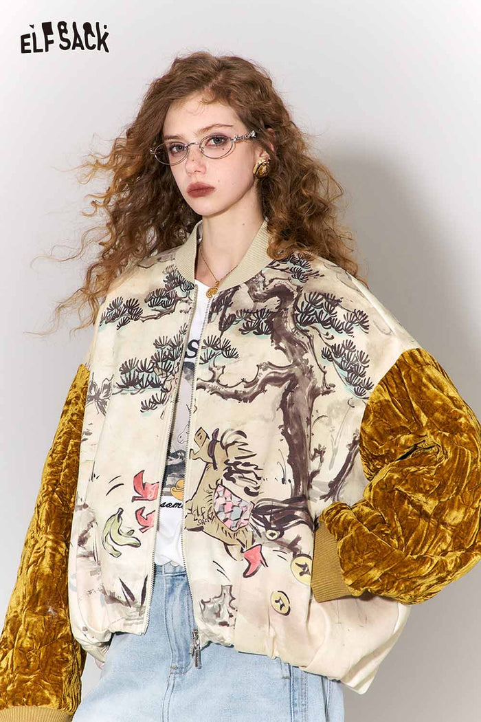 ELFSACK New Oriental Style Velvet Sleeve Horse Print Padded Jacket