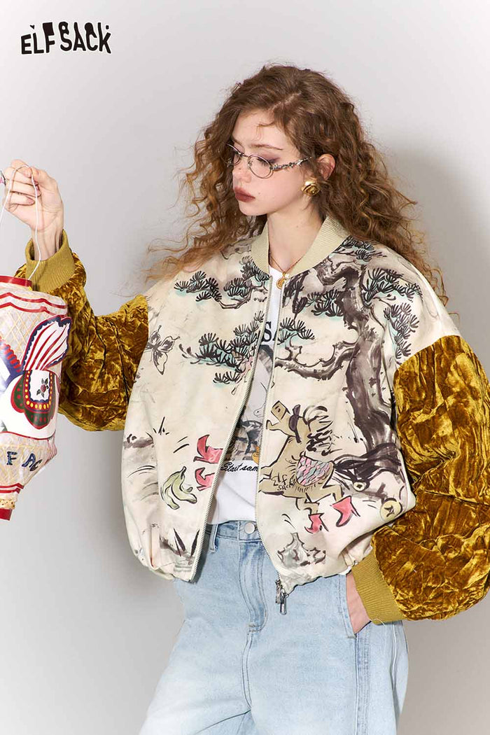 ELFSACK New Oriental Style Velvet Sleeve Horse Print Padded Jacket