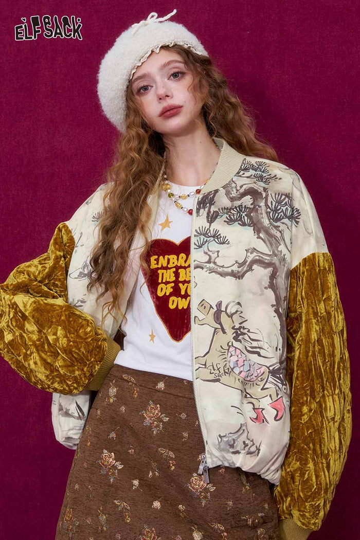 ELFSACK New Oriental Style Velvet Sleeve Horse Print Padded Jacket