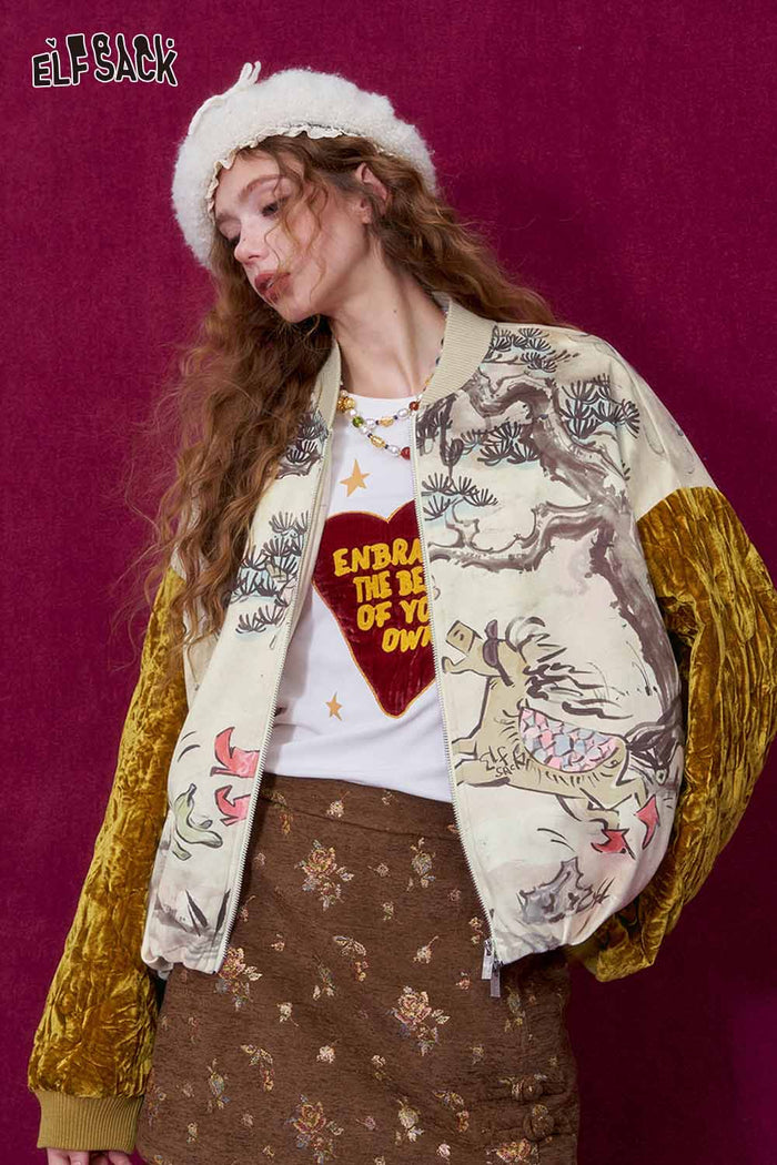 ELFSACK New Oriental Style Velvet Sleeve Horse Print Padded Jacket