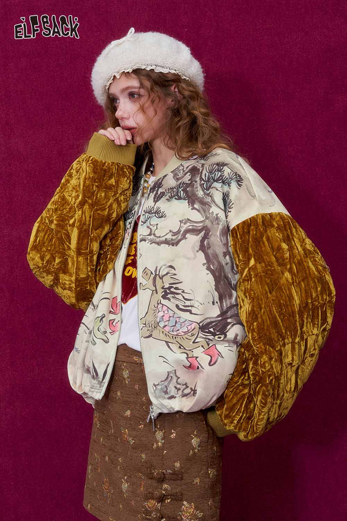ELFSACK New Oriental Style Velvet Sleeve Horse Print Padded Jacket