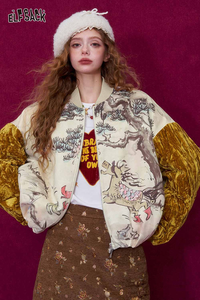 ELFSACK New Oriental Style Velvet Sleeve Horse Print Padded Jacket