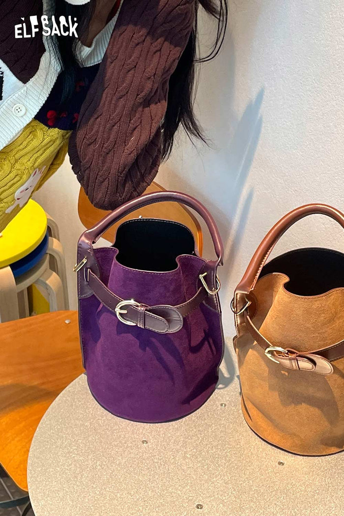 ELFSACK Nubuck Leather Crossbody Adjustable Strap Matte Hardware Bucket Bag