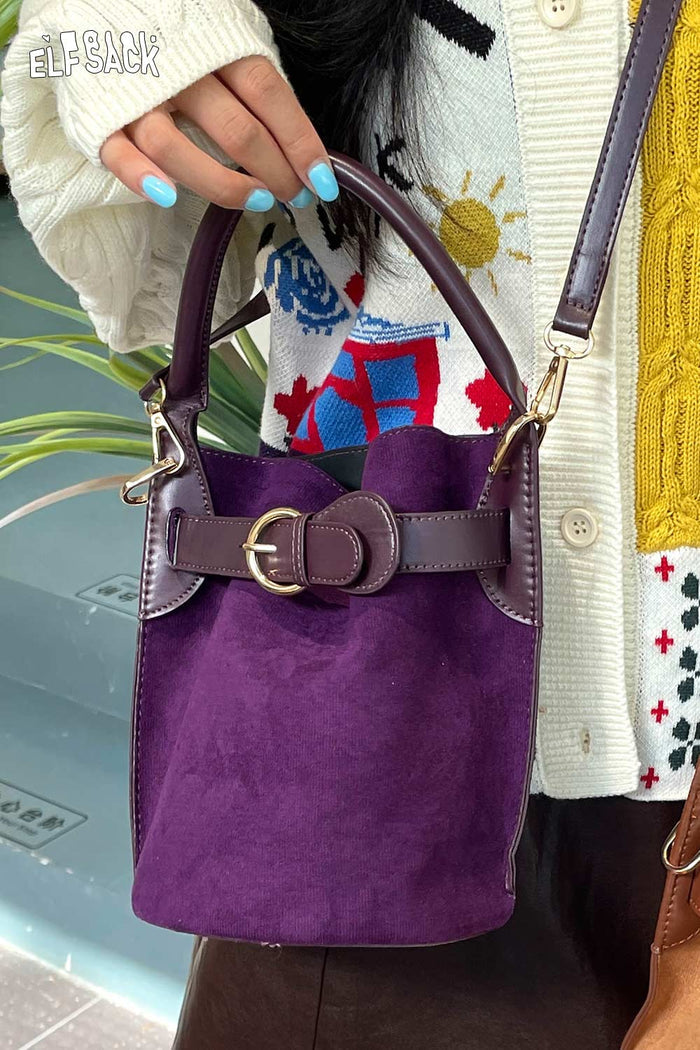 ELFSACK Nubuck Leather Crossbody Adjustable Strap Matte Hardware Bucket Bag