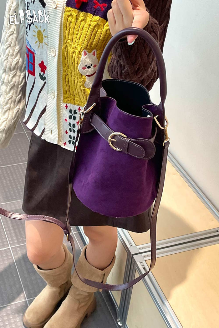 ELFSACK Nubuck Leather Crossbody Adjustable Strap Matte Hardware Bucket Bag