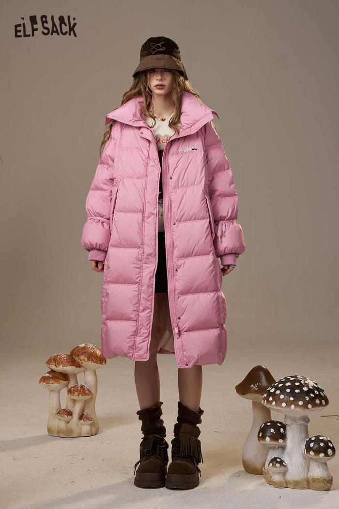 ELFSACK Nylon Lapel Collar Letter Embroidery Loose Fit Long Down Coat
