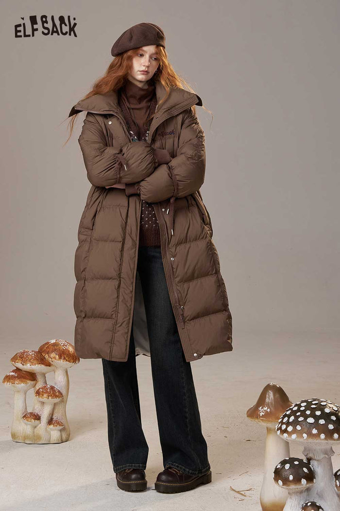 ELFSACK Nylon Lapel Collar Letter Embroidery Loose Fit Long Down Coat