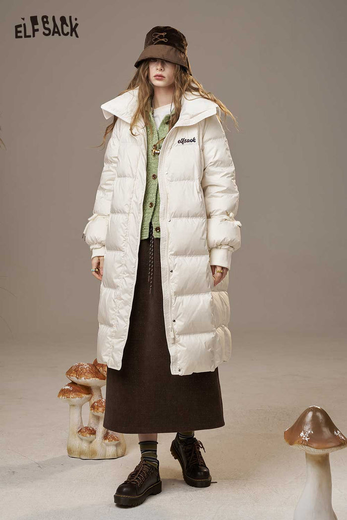 ELFSACK Nylon Lapel Collar Letter Embroidery Loose Fit Long Down Coat