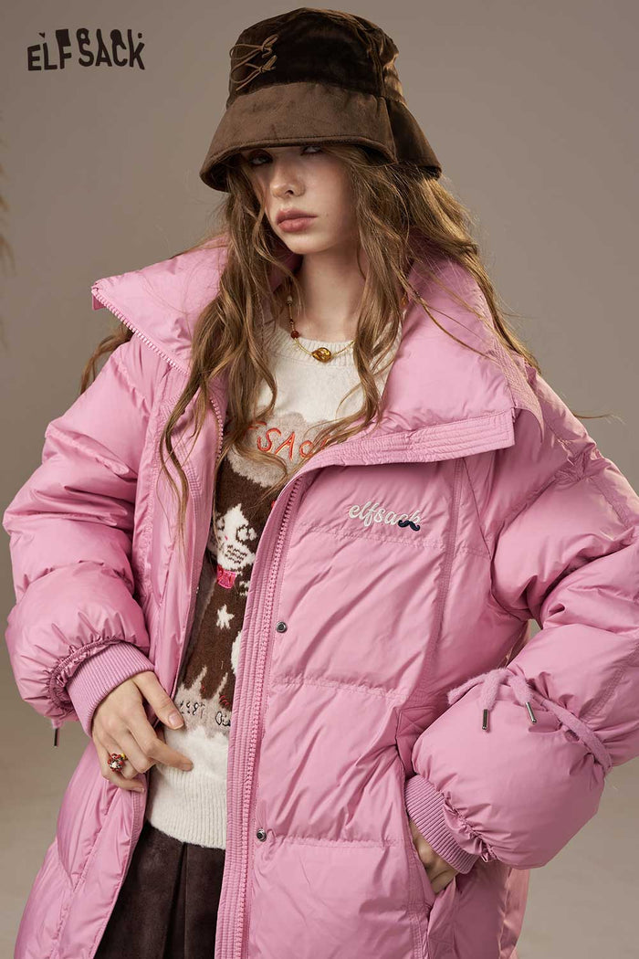 ELFSACK Nylon Lapel Collar Letter Embroidery Loose Fit Long Down Coat
