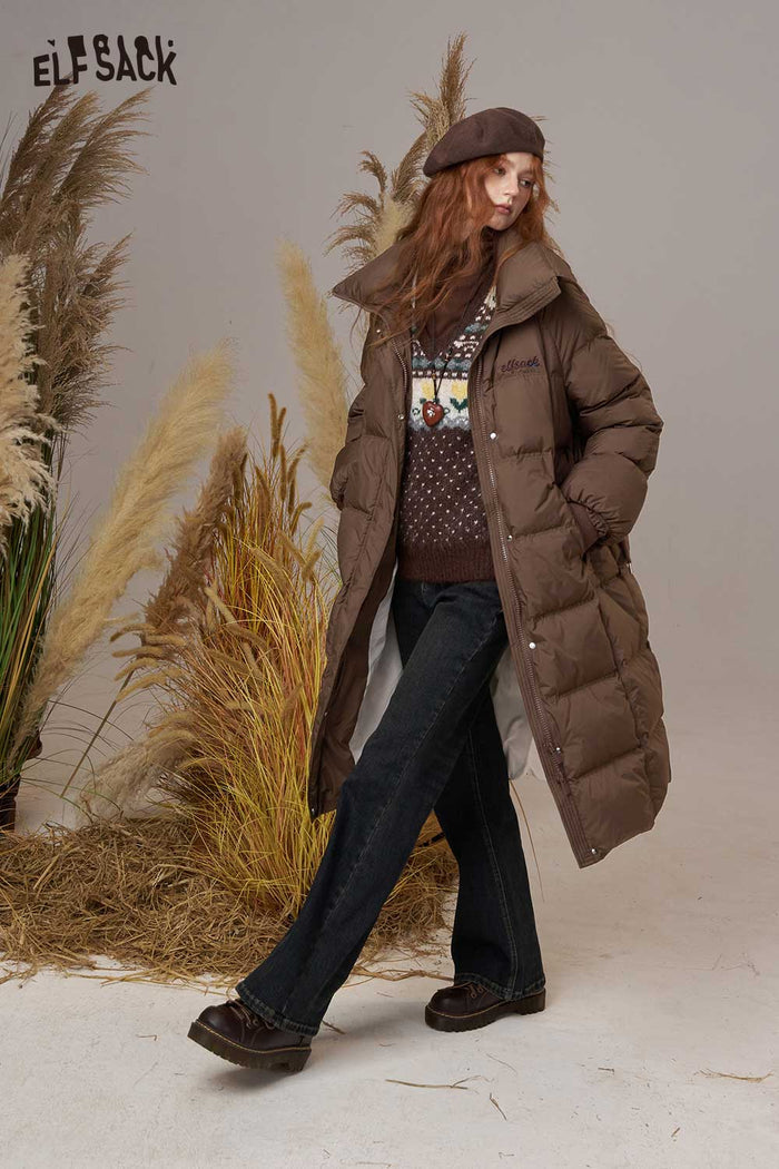 ELFSACK Nylon Lapel Collar Letter Embroidery Loose Fit Long Down Coat