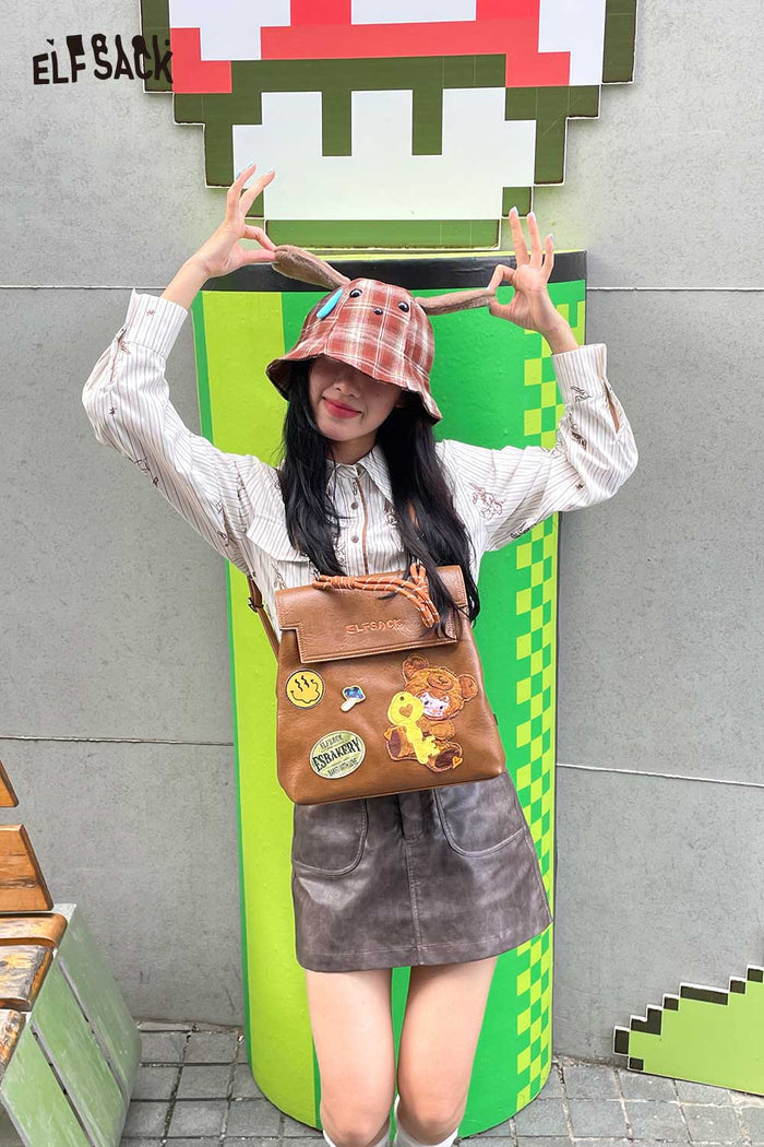 ELFSACK Nylon Movable Plush Ear Detail Tartan Pattern Bucket Hat