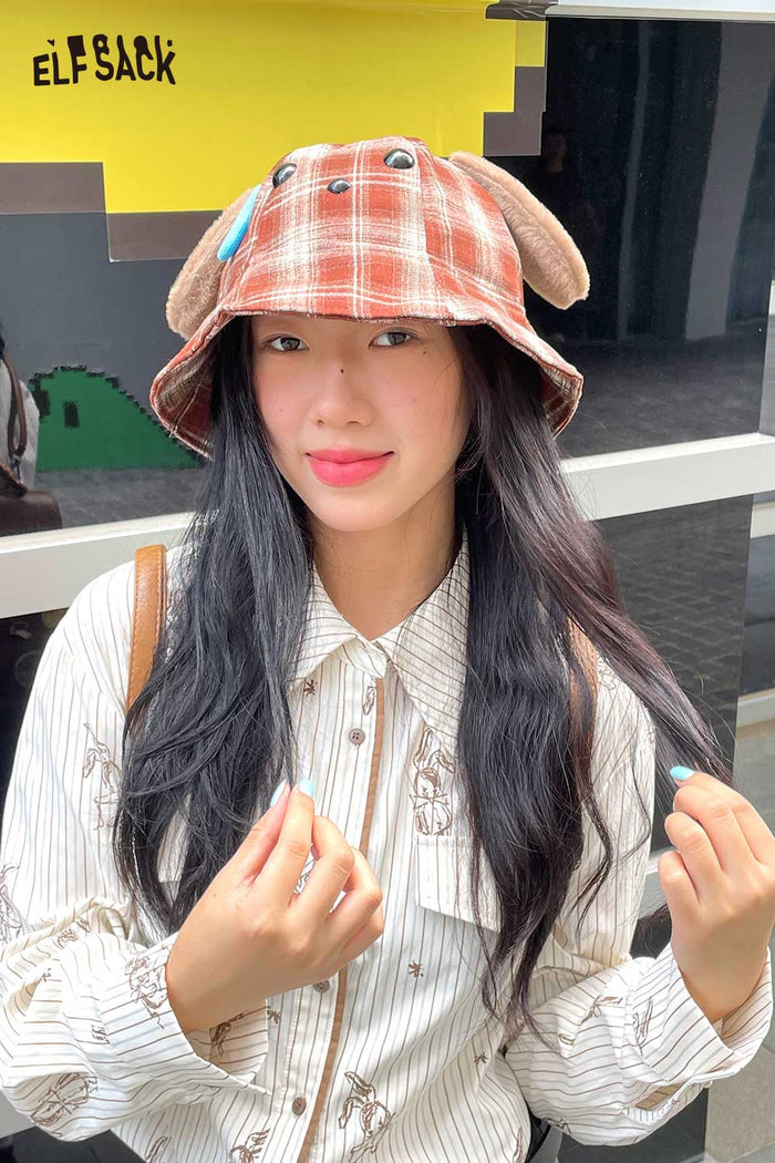 ELFSACK Nylon Movable Plush Ear Detail Tartan Pattern Bucket Hat