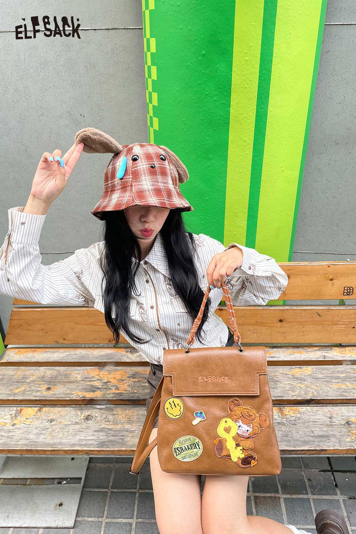 ELFSACK Nylon Movable Plush Ear Detail Tartan Pattern Bucket Hat