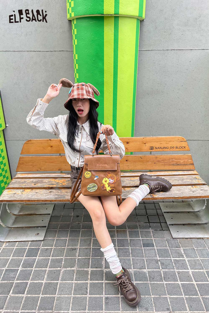ELFSACK Nylon Movable Plush Ear Detail Tartan Pattern Bucket Hat