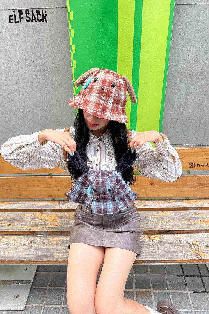 ELFSACK Nylon Movable Plush Ear Detail Tartan Pattern Bucket Hat