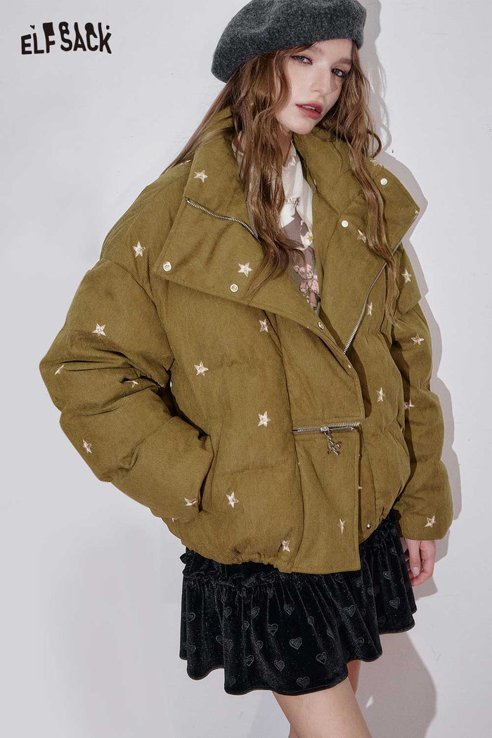 ELFSACK Nylon Shell Star Bow Embroidery Asymmetric Zip Puffer Jacket