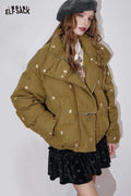 ELFSACK Nylon Shell Star Bow Embroidery Asymmetric Zip Puffer Jacket