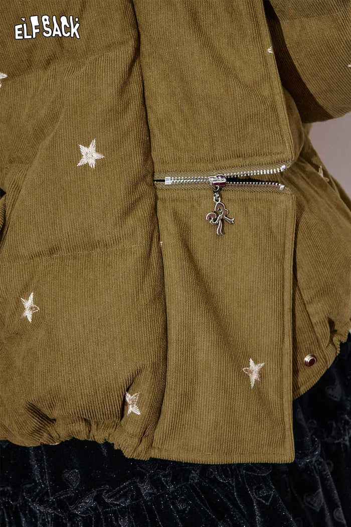 ELFSACK Nylon Shell Star Bow Embroidery Asymmetric Zip Puffer Jacket