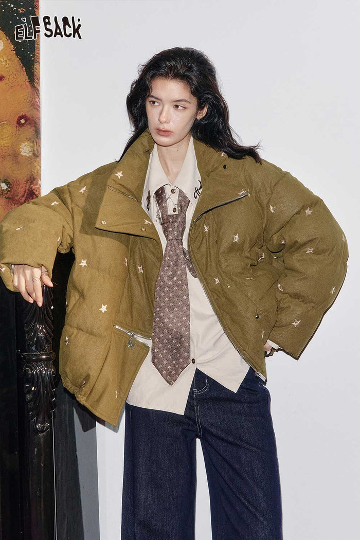 ELFSACK Nylon Shell Star Bow Embroidery Asymmetric Zip Puffer Jacket