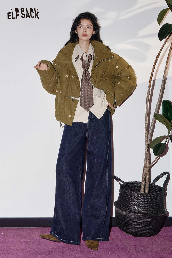 ELFSACK Nylon Shell Star Bow Embroidery Asymmetric Zip Puffer Jacket