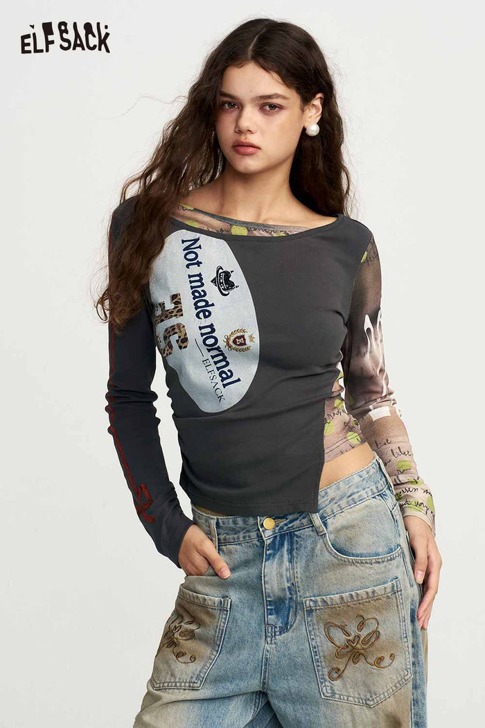 Off Shoulder Long Sleeve Asymmetric Graphic Tee Bow