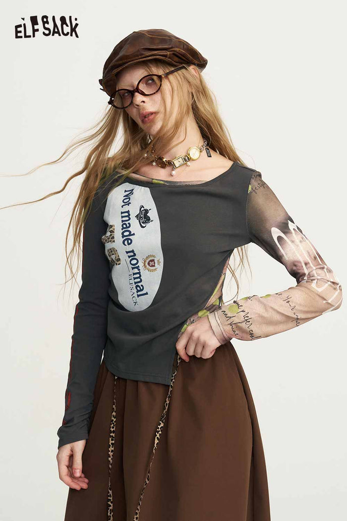 Off Shoulder Long Sleeve Asymmetric Graphic Tee Bow