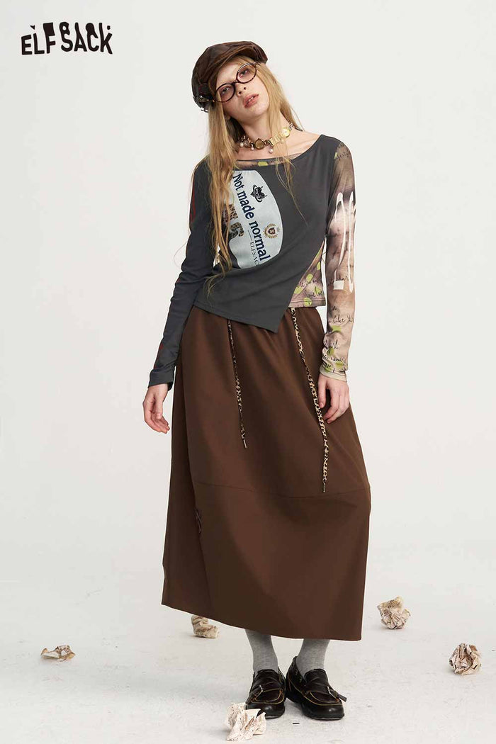Off Shoulder Long Sleeve Asymmetric Graphic Tee Bow