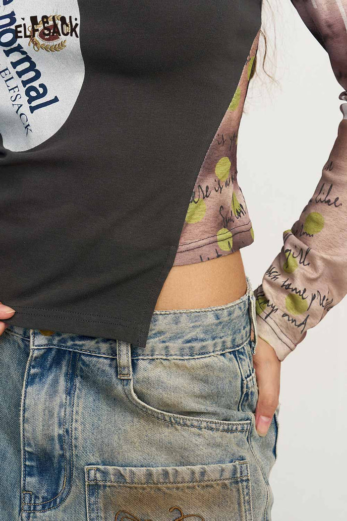 Off Shoulder Long Sleeve Asymmetric Graphic Tee Bow