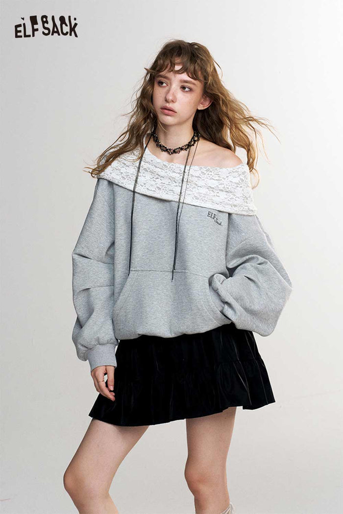 Off Shoulder Patterned Collar Loose Long Sleeve Sweatshirt