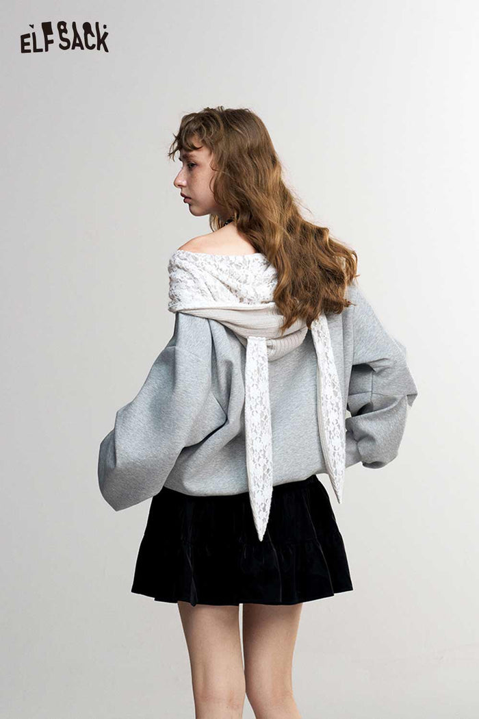 Off Shoulder Patterned Collar Loose Long Sleeve Sweatshirt