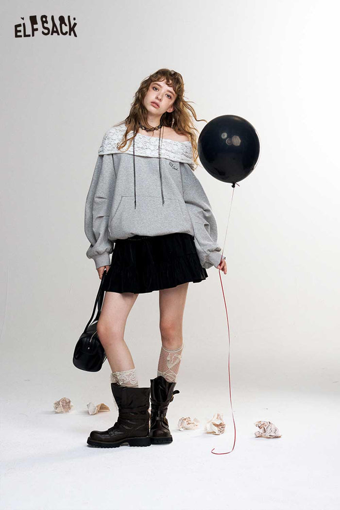 Off Shoulder Patterned Collar Loose Long Sleeve Sweatshirt