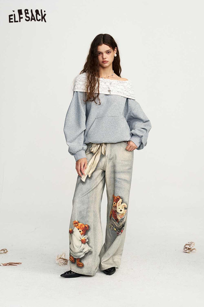 Off Shoulder Patterned Collar Loose Long Sleeve Sweatshirt