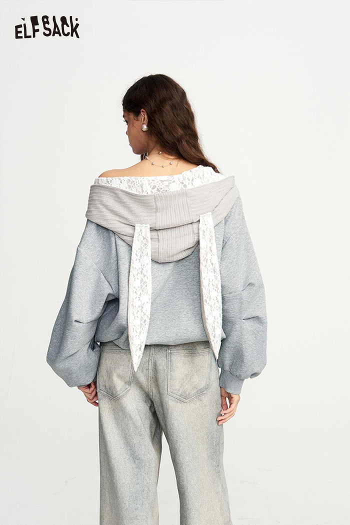 Off Shoulder Patterned Collar Loose Long Sleeve Sweatshirt