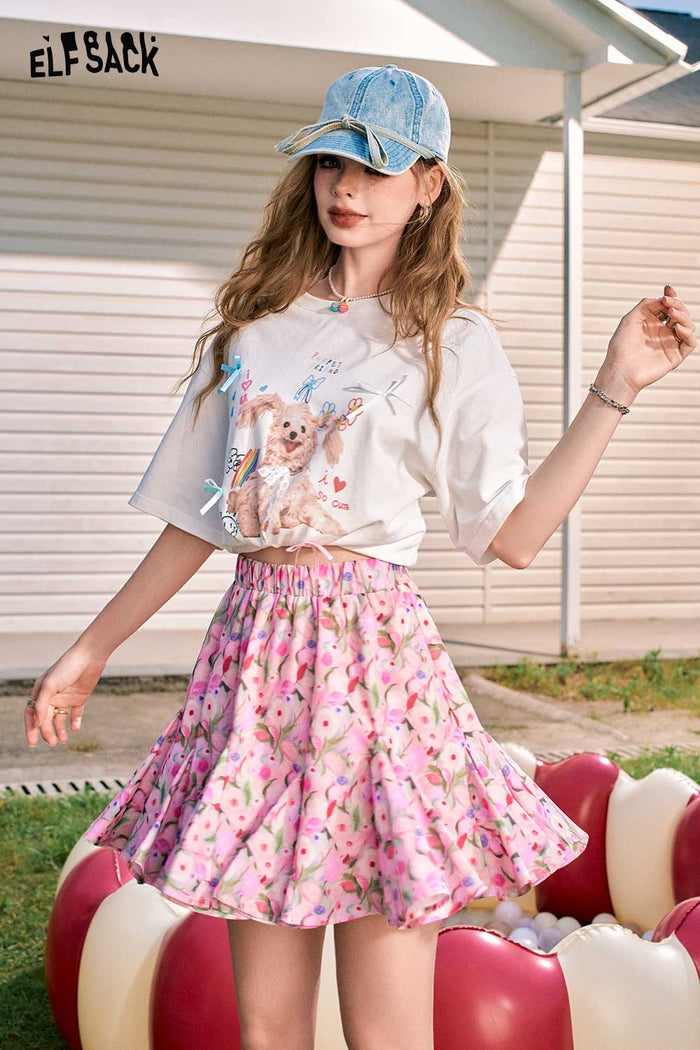 ELFSACK Oil Painting Floral High-Waist A-Line Skirt Print Sweet Temperament Short Skirt