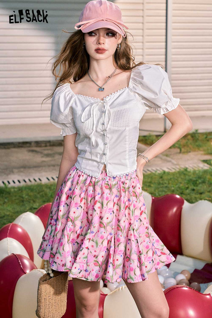 ELFSACK Oil Painting Floral High-Waist A-Line Skirt Print Sweet Temperament Short Skirt