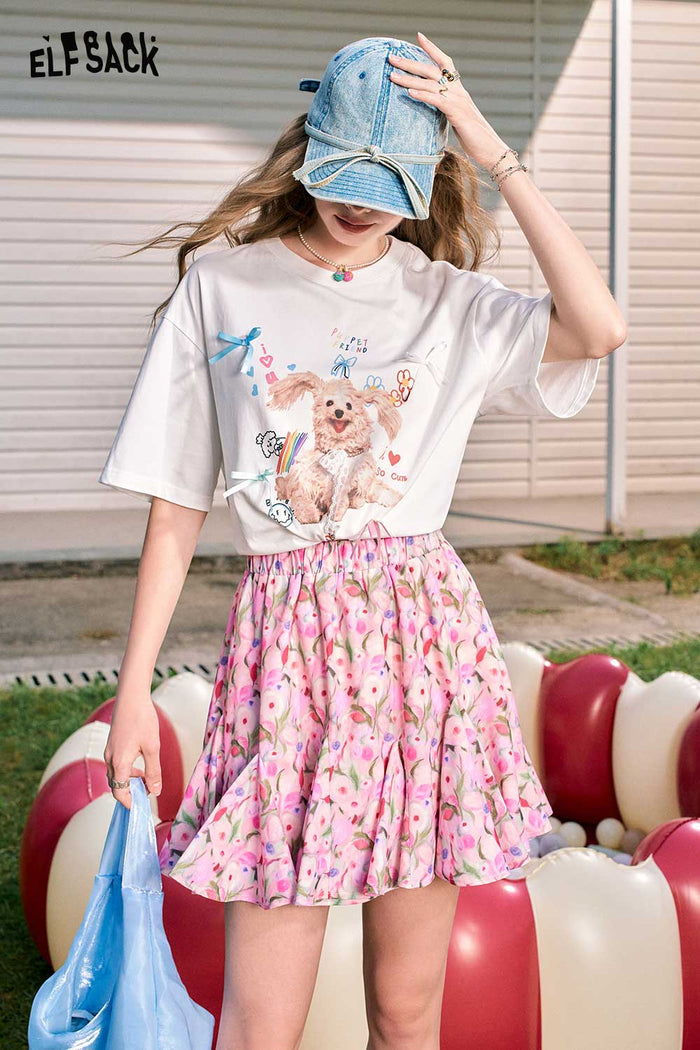 ELFSACK Oil Painting Floral High-Waist A-Line Skirt Print Sweet Temperament Short Skirt