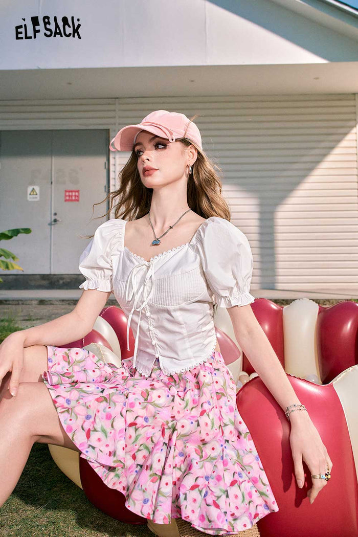ELFSACK Oil Painting Floral High-Waist A-Line Skirt Print Sweet Temperament Short Skirt