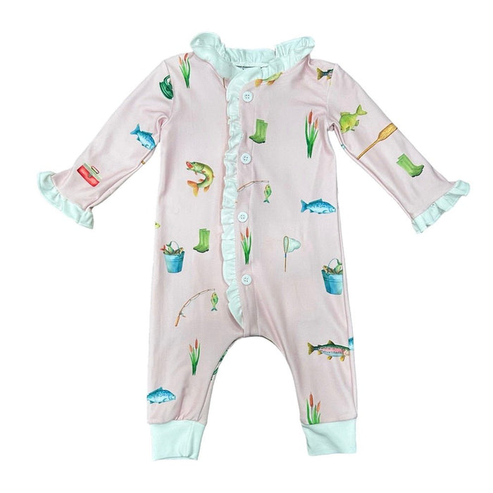 One - Piece Ruffle Buttflap Pajamas - Girls Fishing - Sugar Bee Clothing
