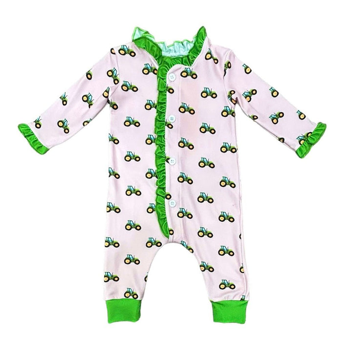One - Piece Ruffle Buttflap Pajamas - Tractors On Pink - Sugar Bee Clothing