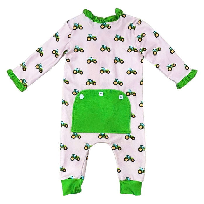 One - Piece Ruffle Buttflap Pajamas - Tractors On Pink - Sugar Bee Clothing