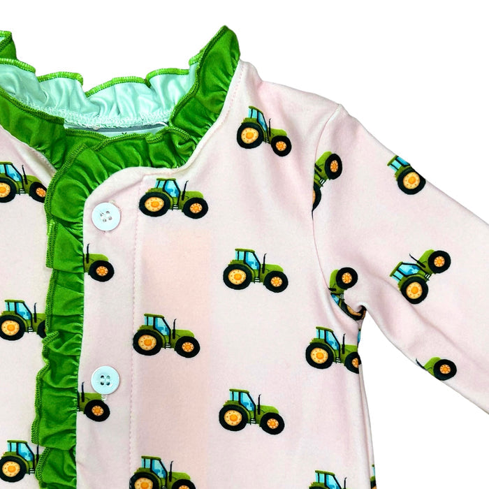 One - Piece Ruffle Buttflap Pajamas - Tractors On Pink - Sugar Bee Clothing