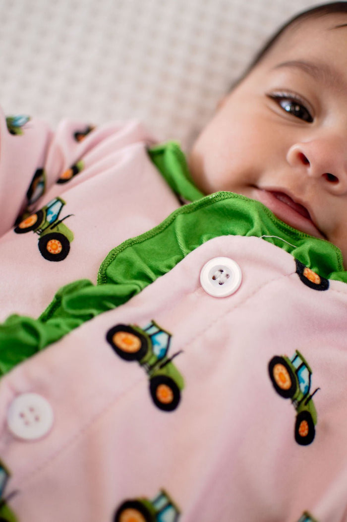 One - Piece Ruffle Buttflap Pajamas - Tractors On Pink - Sugar Bee Clothing