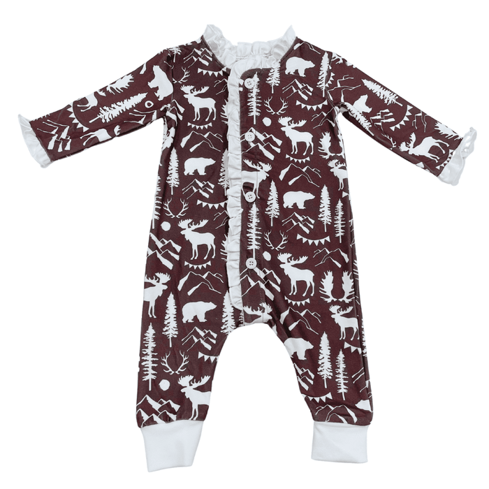 One - Piece Ruffle Buttflap Pajamas - Espresso Mountain Animals - Sugar Bee Clothing