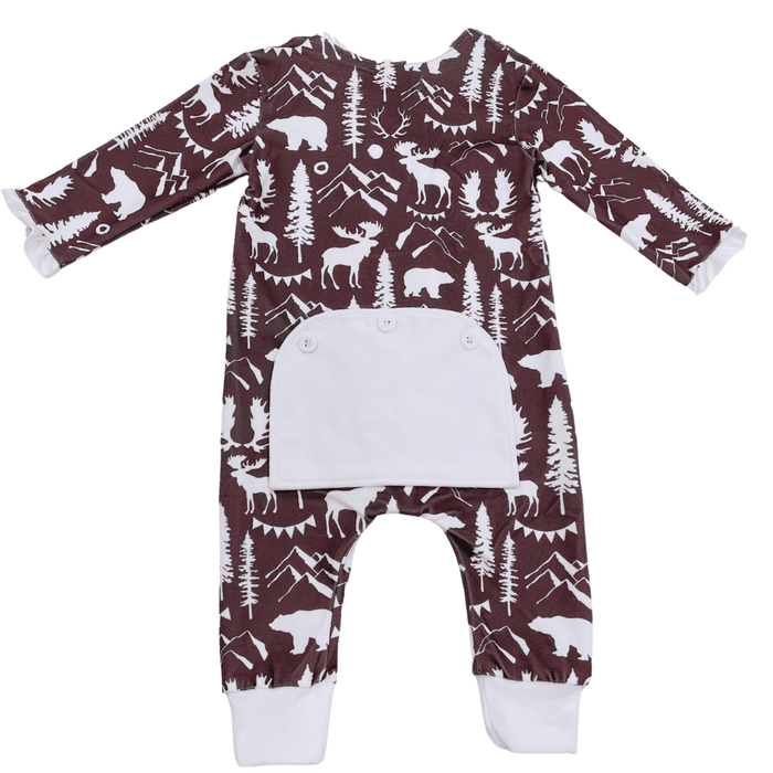 One - Piece Ruffle Buttflap Pajamas - Espresso Mountain Animals - Sugar Bee Clothing