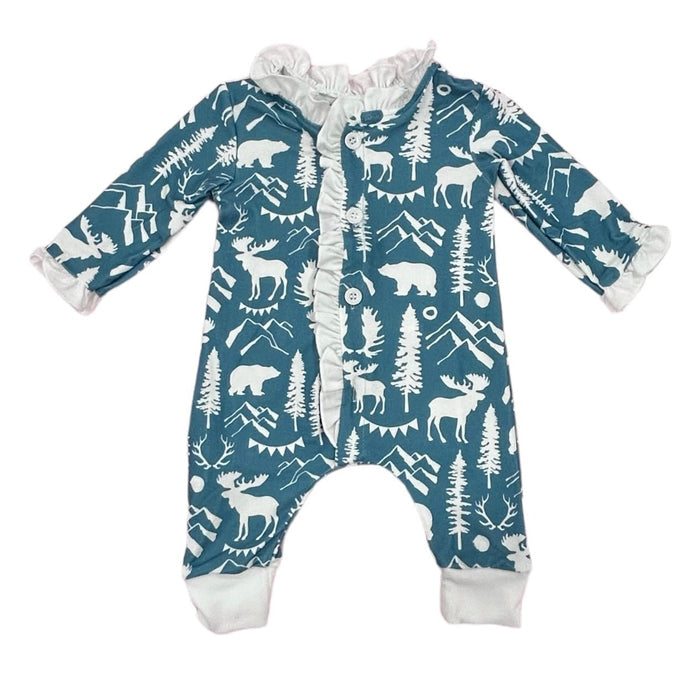 One - Piece Ruffle Buttflap Pajams - Blue Mountain Animals - Sugar Bee Clothing