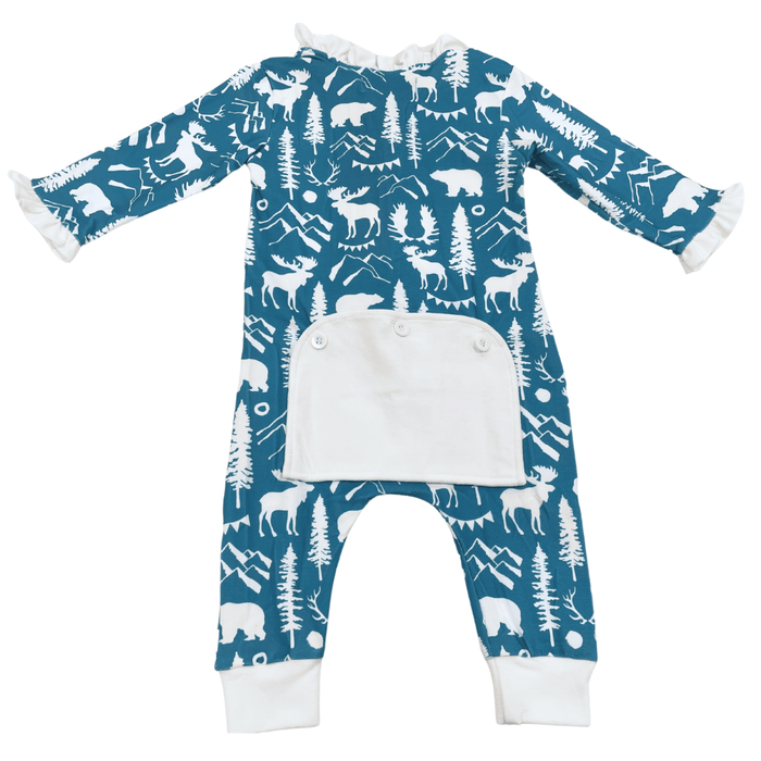 One - Piece Ruffle Buttflap Pajams - Blue Mountain Animals - Sugar Bee Clothing